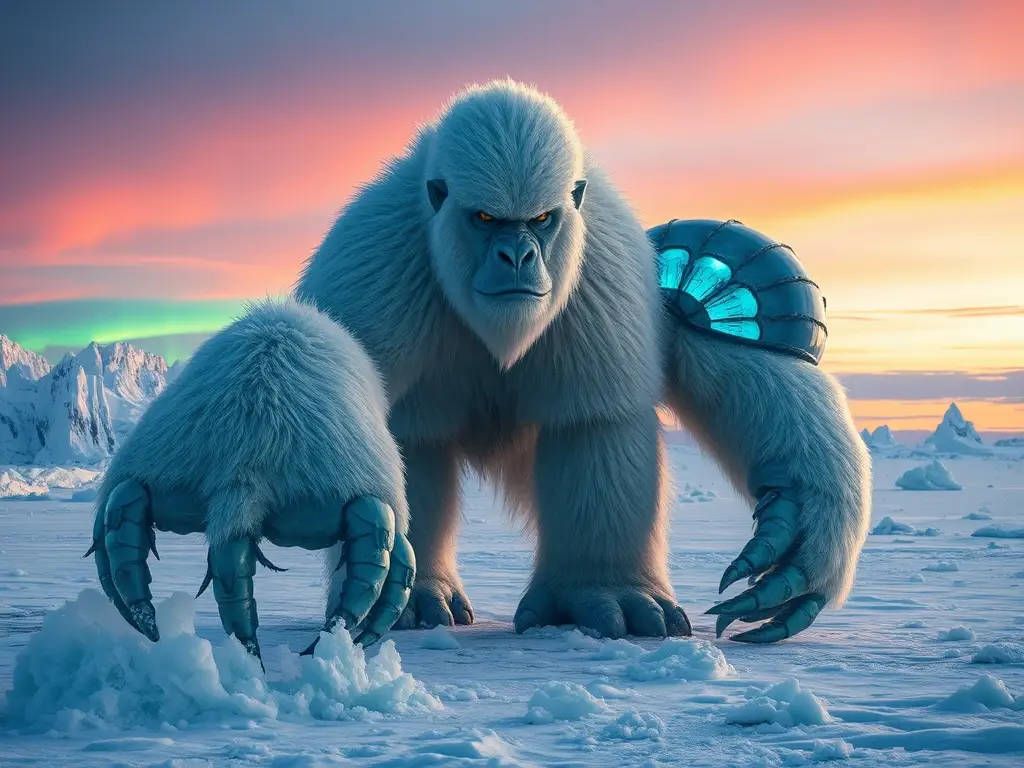Yeti‑crustáceo colosal sobre glaciar crepuscular