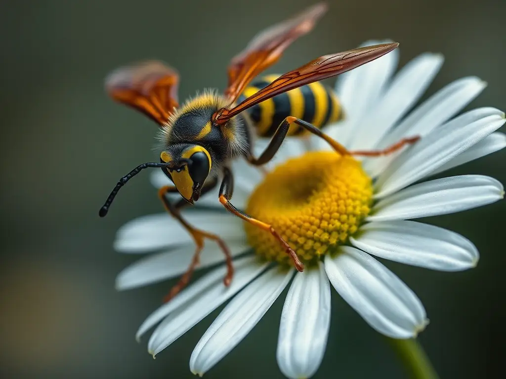 Un insecto amarillo en flor, detallada y real