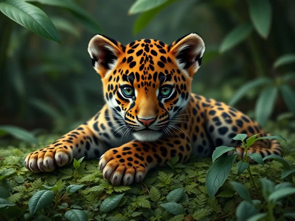 Ilustración realista de un cachorro de jaguar en un hábitat jungla