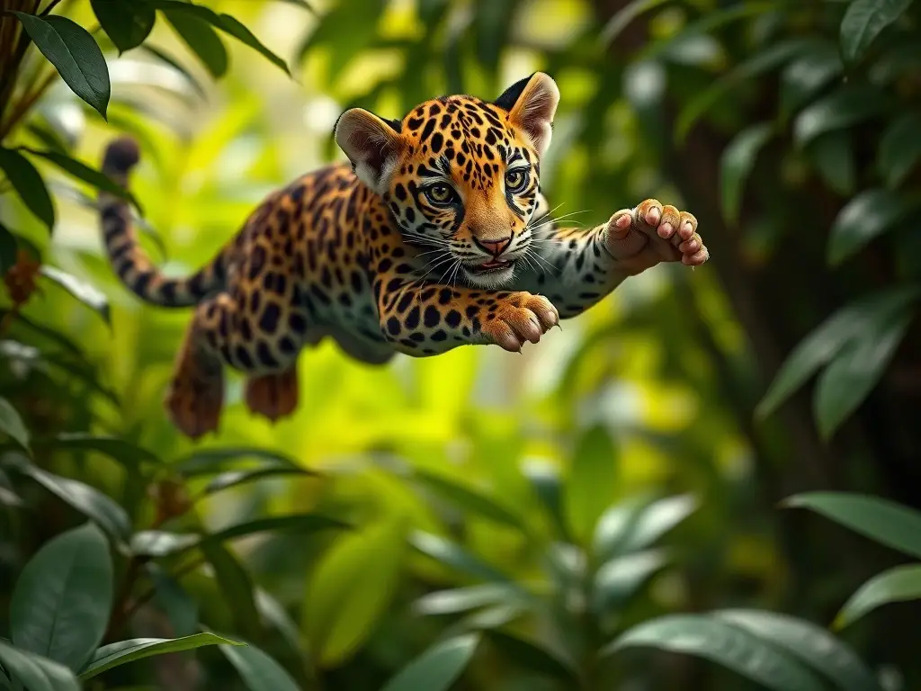 Es una imagen realista de un cachorro de jaguar saltando entre la vegetación exuberante
