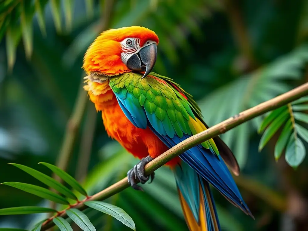 Foto realista de un macaw colorido en una rama tropical, sin elementos negativos
