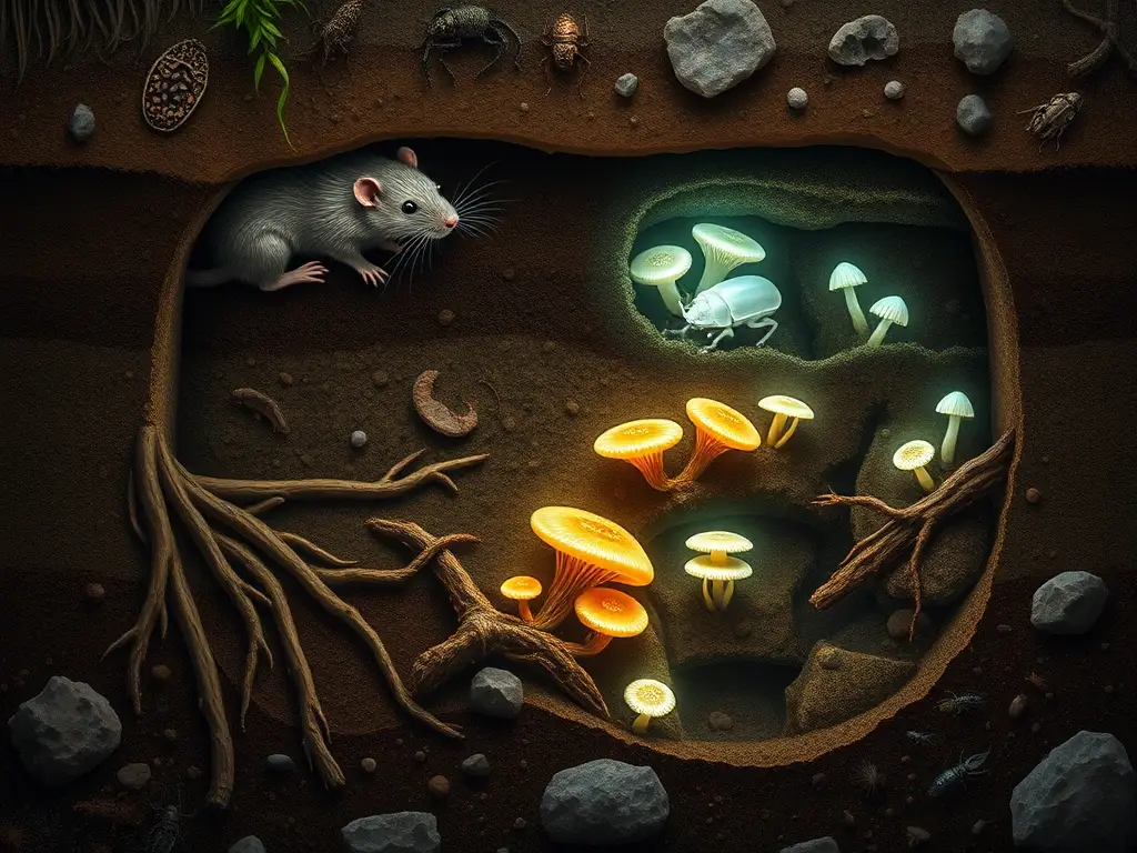 Sección transversal fotorrealista de fauna subterránea