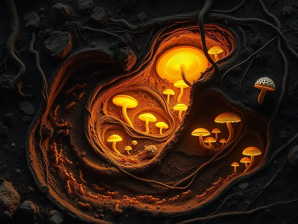 Mundo subterráneo con colonias de insectos