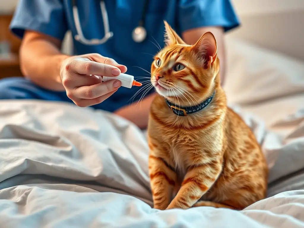 Imagen de un veterinario administrando un antiinflamatorio a un gato tabby de pelaje jengibre en una cama