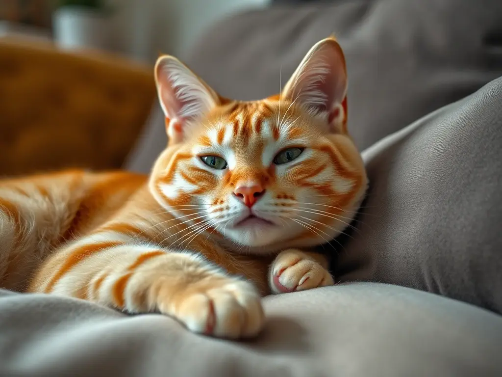 Imagen de un gato tabby de pelo naranja relajado en un cushion