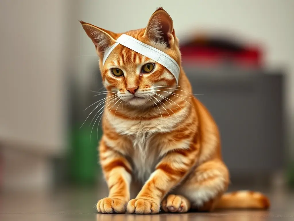 Imagen realista de un gato tabby rojizo con una cabeza vendada