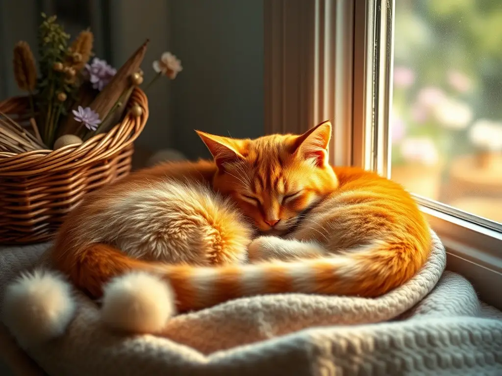 Un gato de color jengibre relajado en una cesta de hierbas