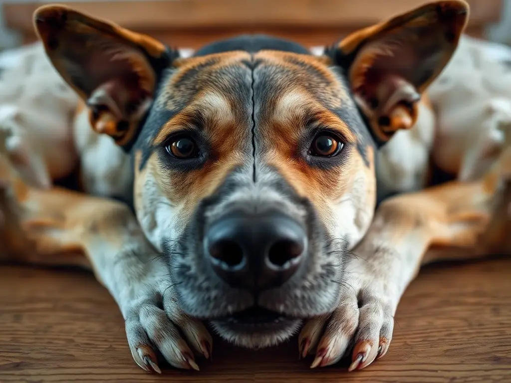 Foto realista de un perro mestizo feliz y amistoso, con un corte central en la cama