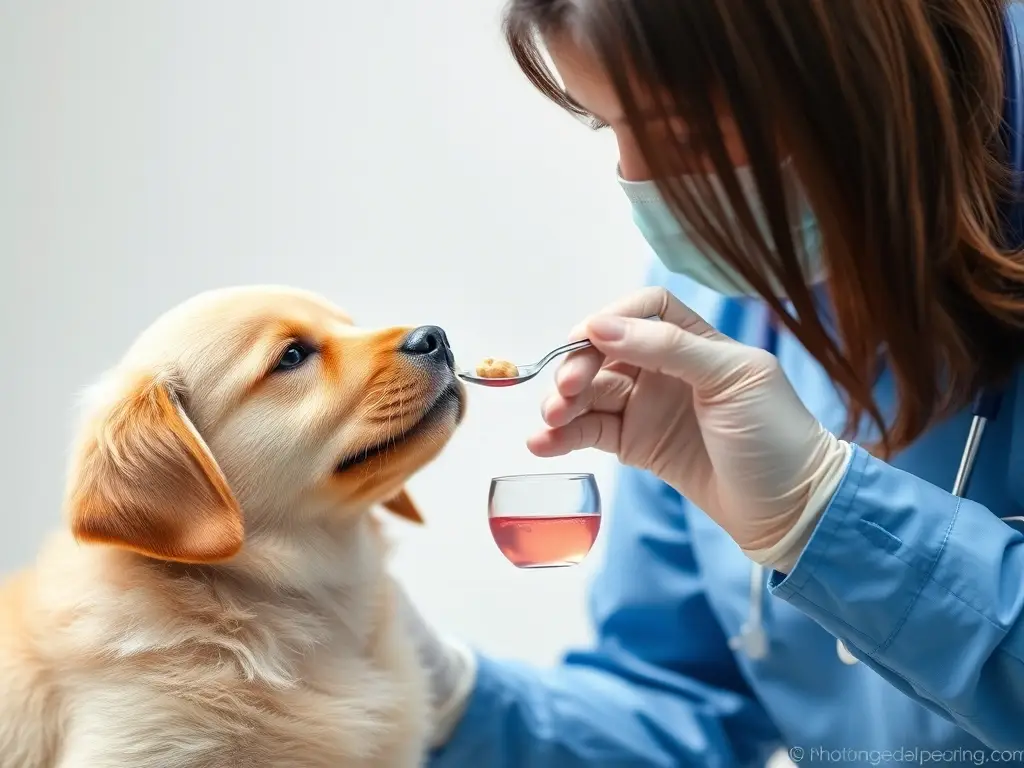 Imagen de un profesional veterinario administrando un medicamento a un cachorro con cautela