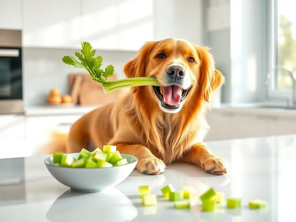 Perro feliz sostiene apio en cocina moderna