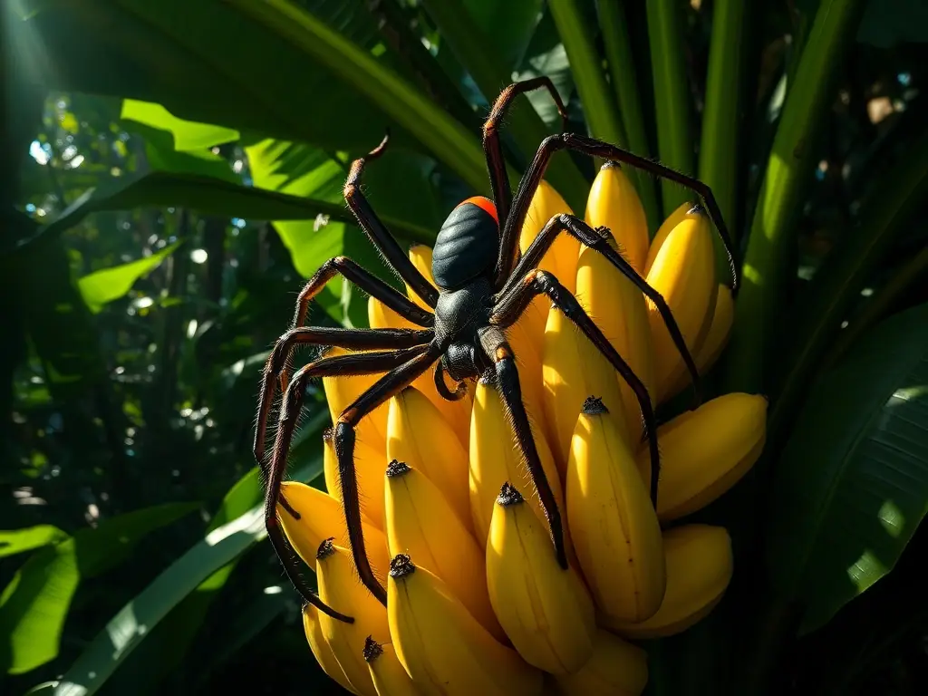 Araña gigante sobre plátanos en selva tropical