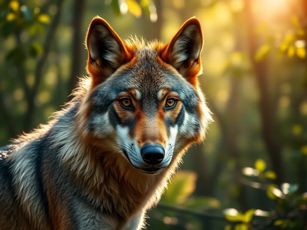 Una majestuosa fotografía en alta resolución de un lobo gris mexicano en un bosque soleado