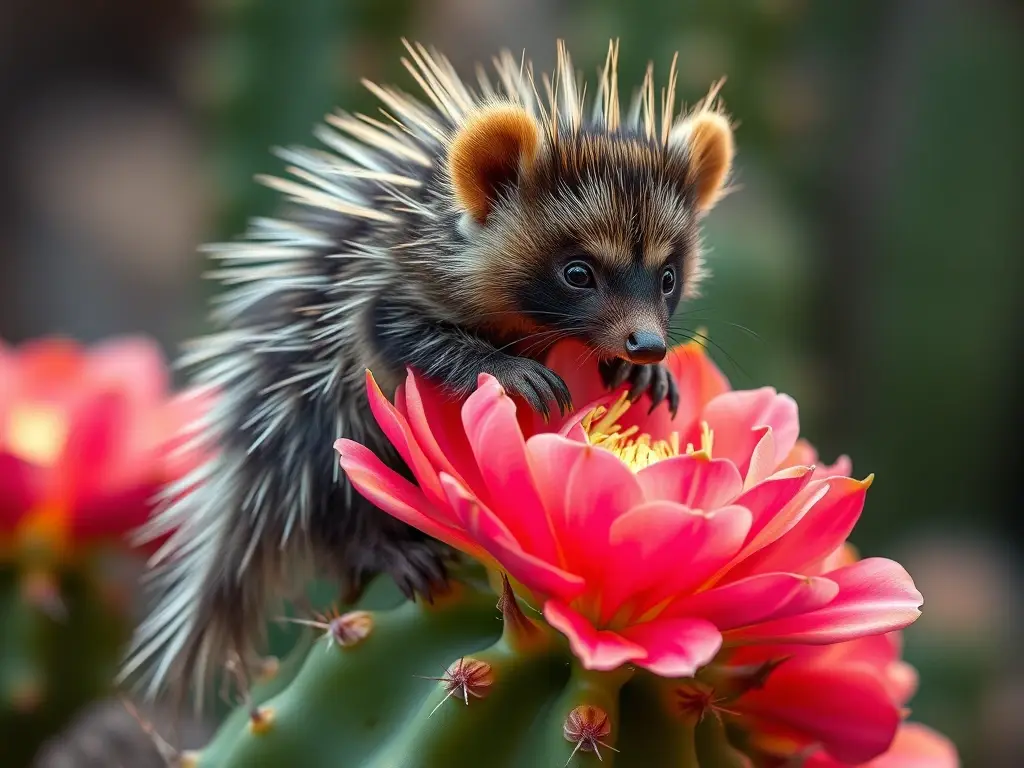 Foto realista, ardilla mexicana en cactus vibrante, sin texto ni logos