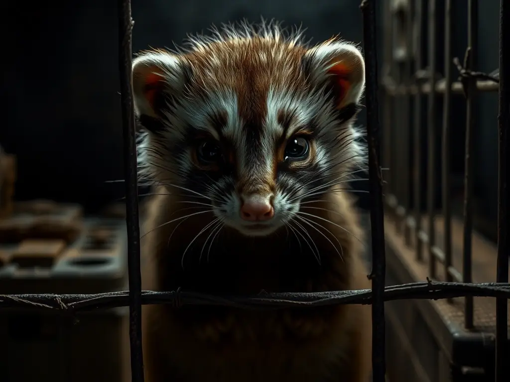 Armiño melancólico dentro de jaula de acero