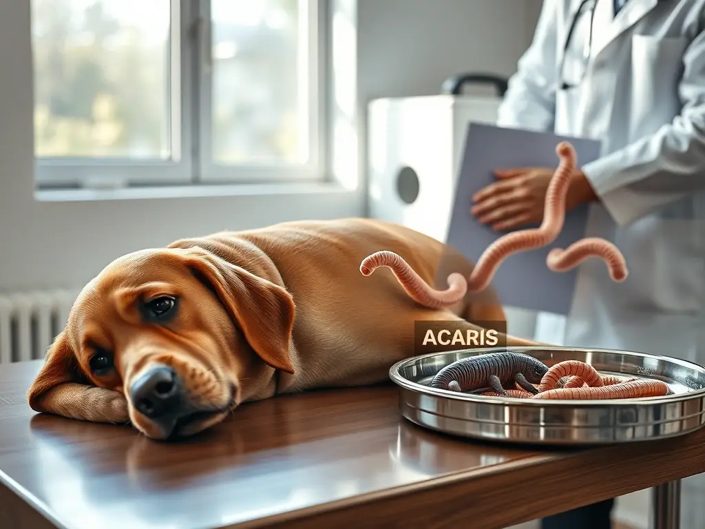 Veterinario examina Labrador con gusanos visibles