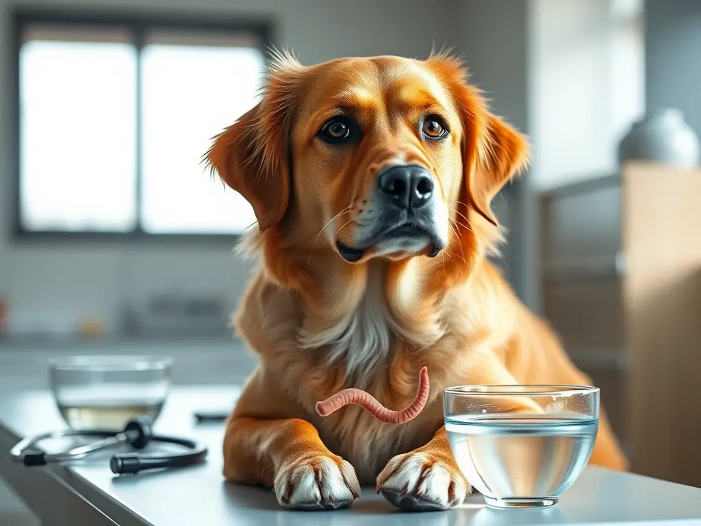 Perro en examen veterinario con lombriz visible