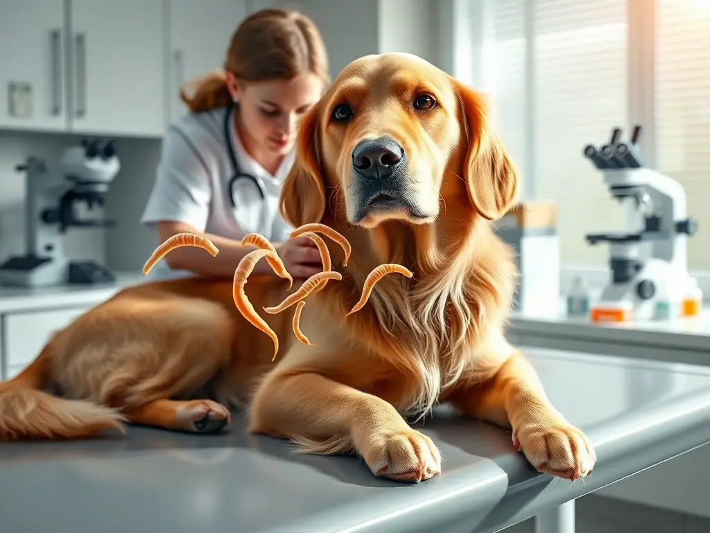 Veterinario examina golden retriever con gusanos 3D