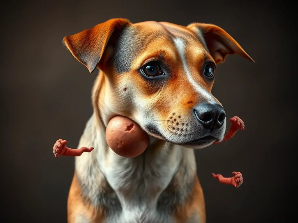 Fotorealista retrato de perro mestizo con ascaris en la chest