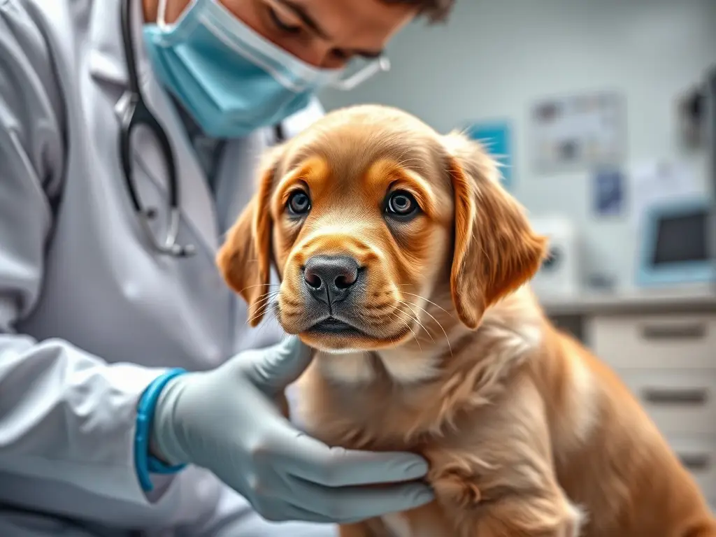 Fotorealistic retrato realista de un veterinario examinando a un cachorro golden con instrumentos