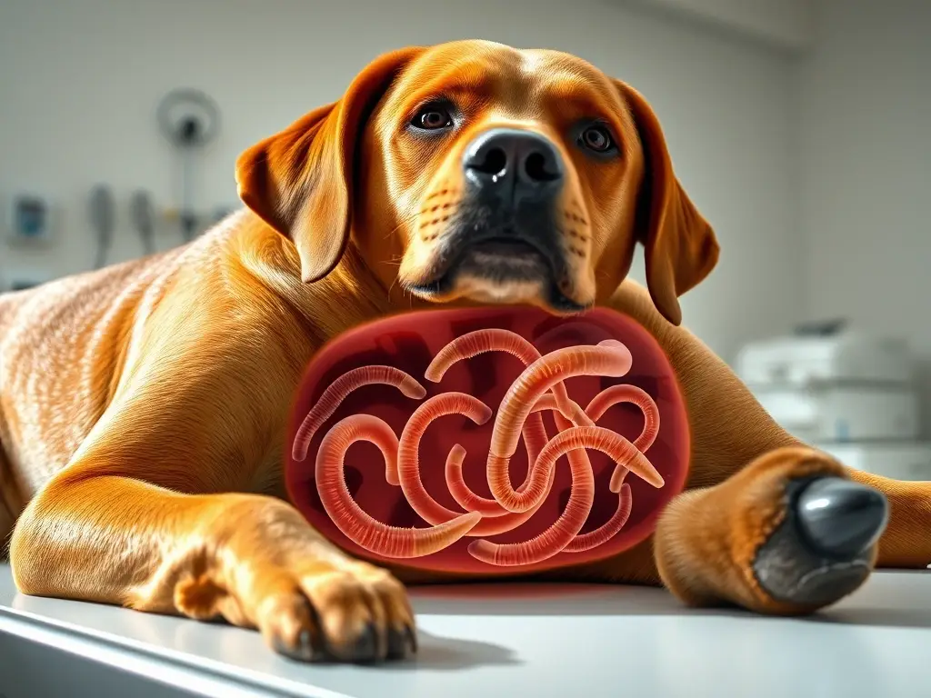 Labrador bajo luz natural muestra gusanos internos