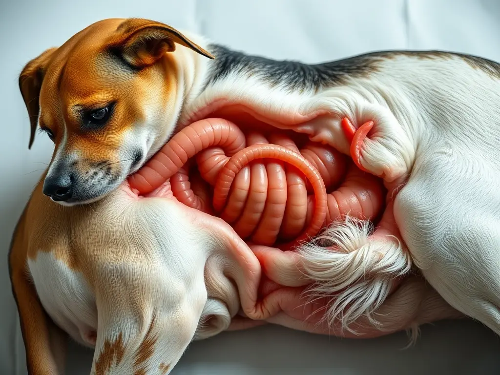 Fotografía realista de un perro con infección de Ascaris en el estómago