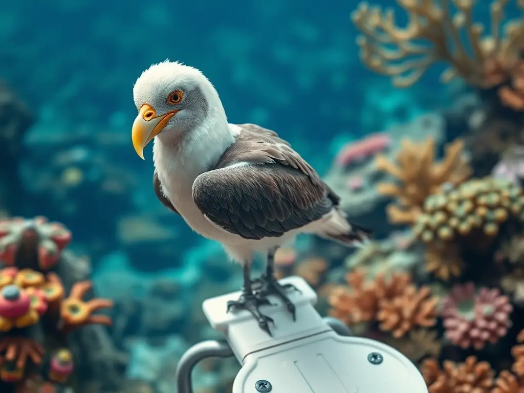 Fotorealistic imagen de una gaviota nadando con coral