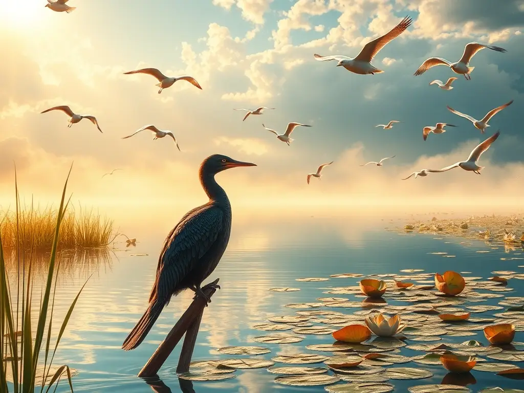 Cormorán sobre lago dorado al atardecer