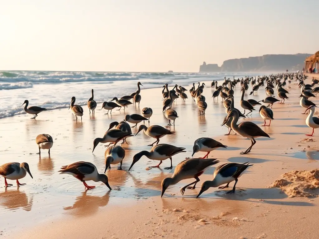 Aves costeras alimentándose en playa soleada