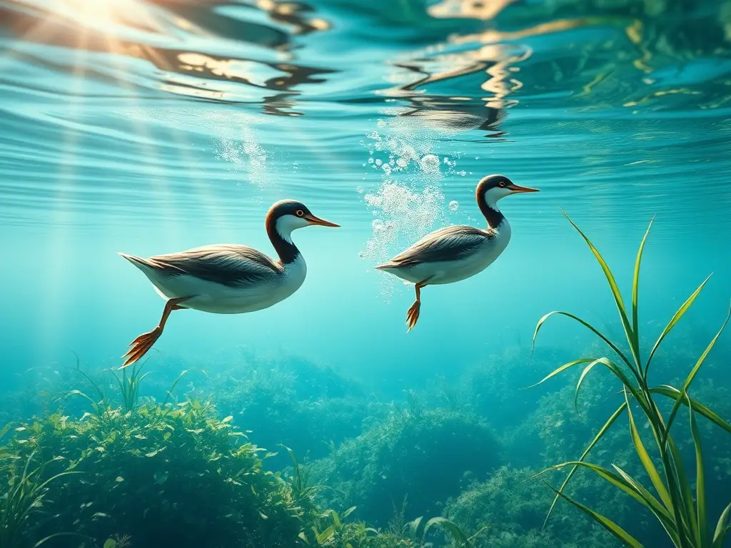 Ilustración submarina realista de elegantes grebas