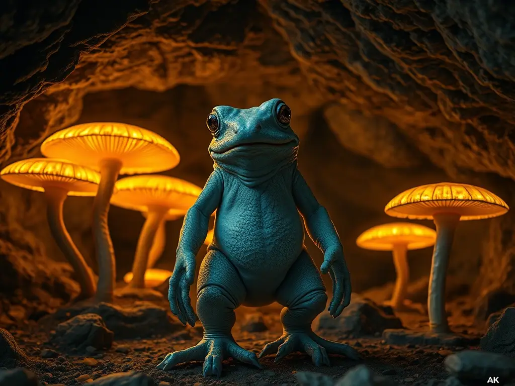Un retrato realista y detallado de gigantes subterráneos exponiendo la complejidad de sus piernas y manos en una cueva iluminada