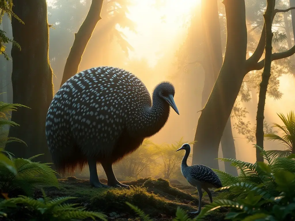 Kiwi gigante en bosque neozelandés, impresionante