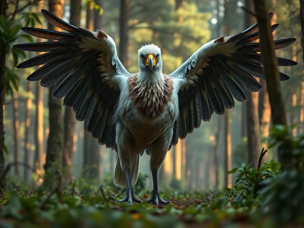 Foto real, enorme ave, bosque primeval, sin texto, detalles