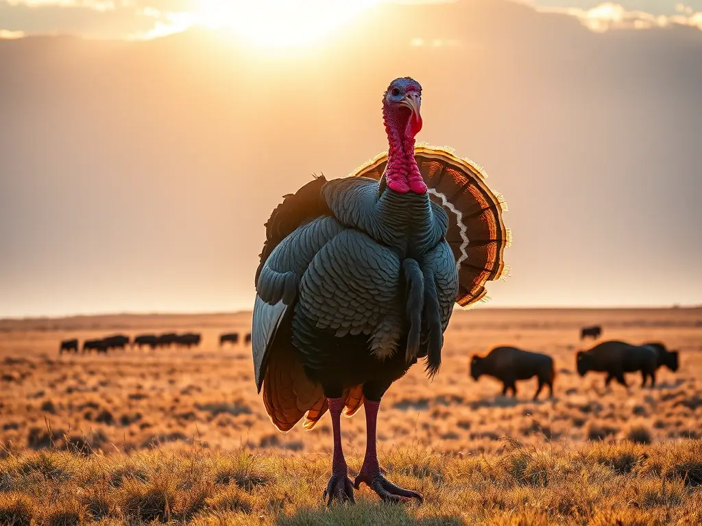 Pavo gigante en pradera al atardecer