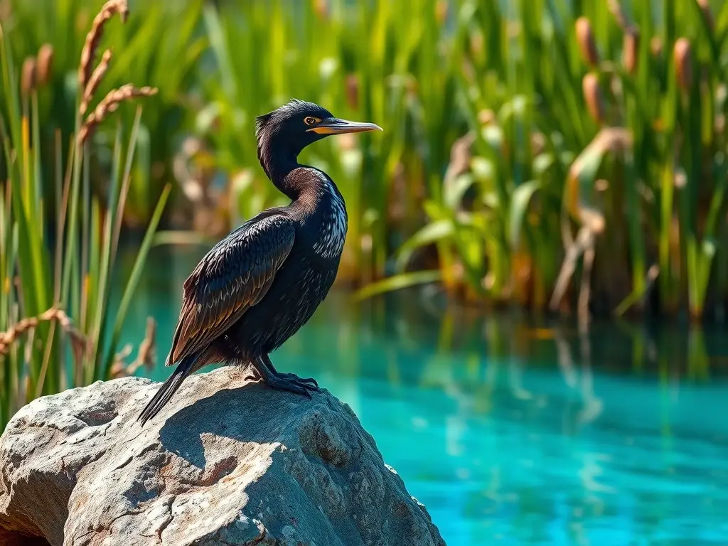 Una fotografía detallada y realista de un cormorán en un lago