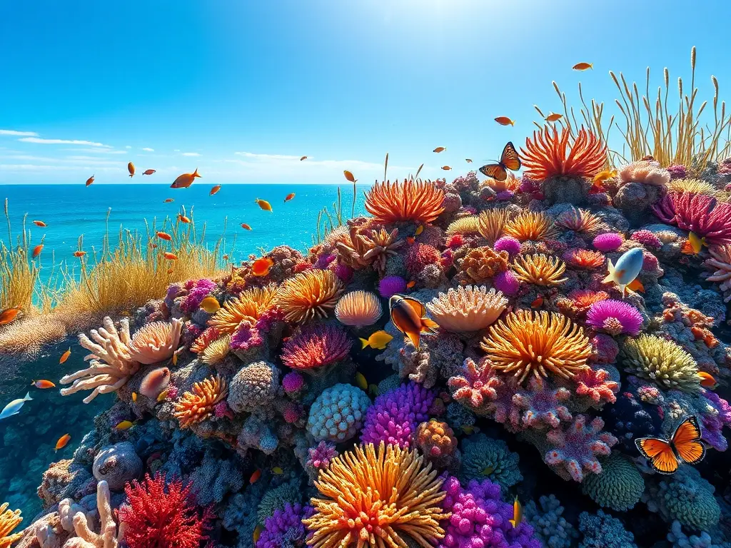Un coral vibrante con vida, detalles minuciosos