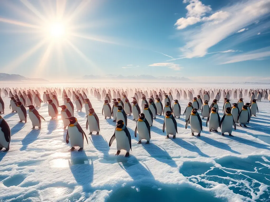 Un hermoso retrato del hielo con pingüinos, radiante