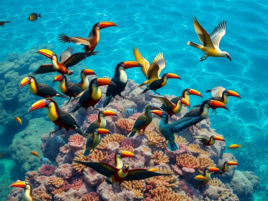 Un estilo realista y vibrante de aves en coral