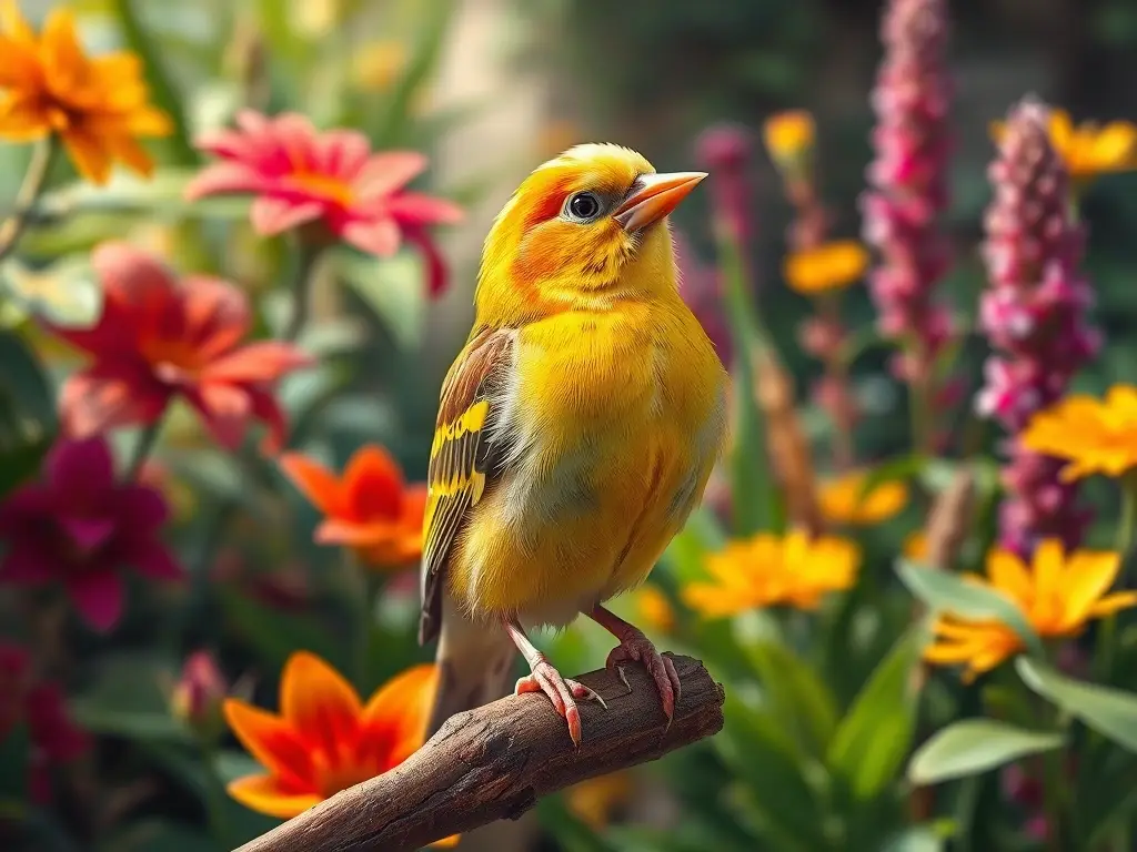 Foto realista de un canario doméstico en un jardín botánico exuberante