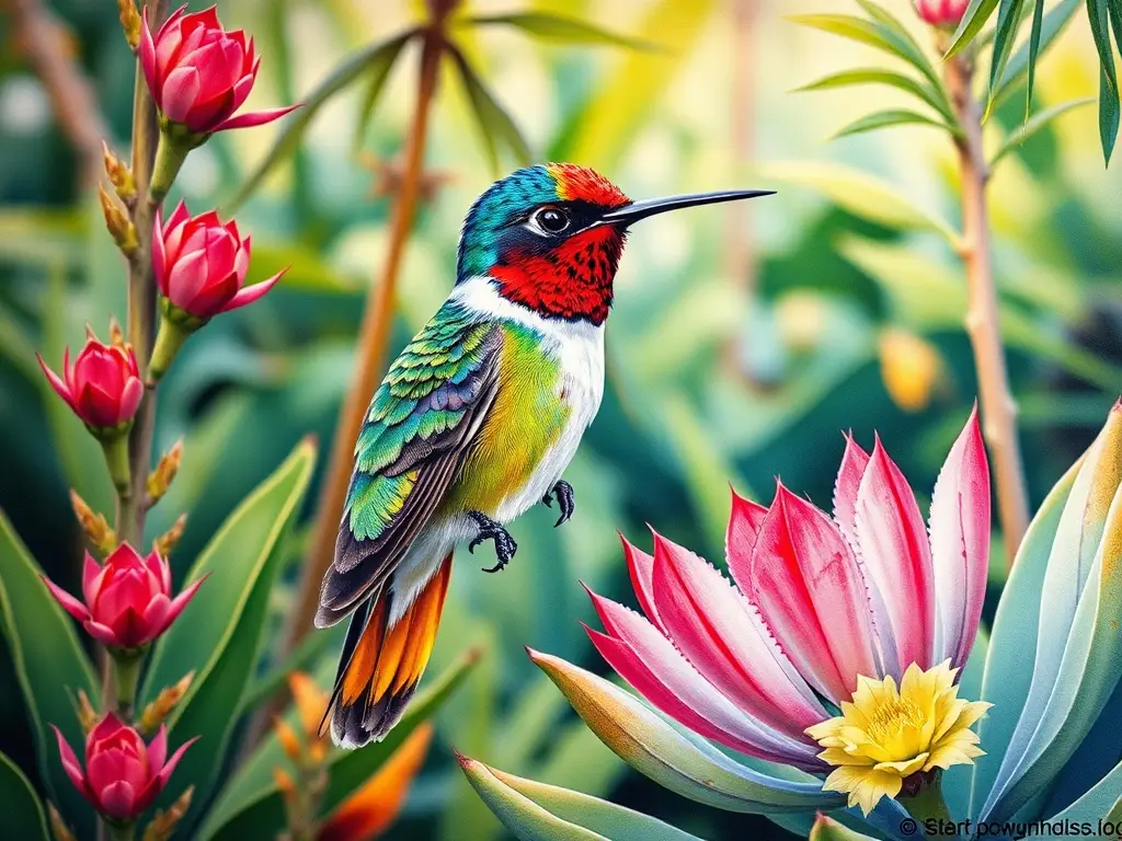 MURAL DE HUMMINGWEIGHTS, detalladamente pintado en acuarela, de colores vibrantes