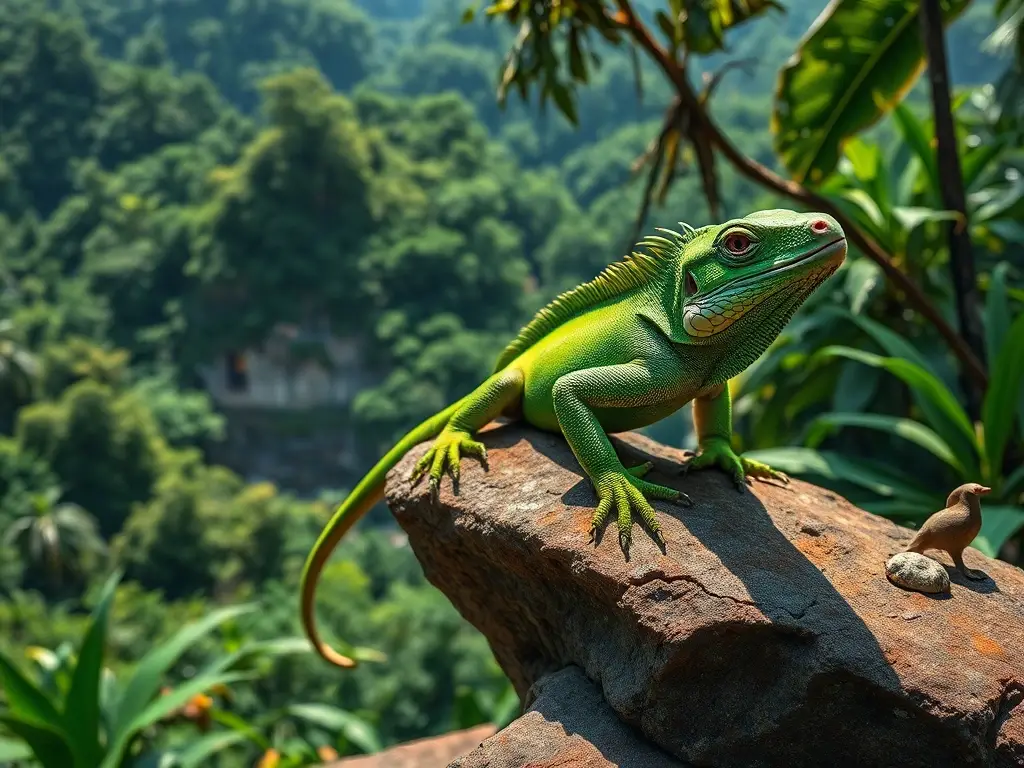 Imagen de iguana verde real y detallada en un paisaje tropical