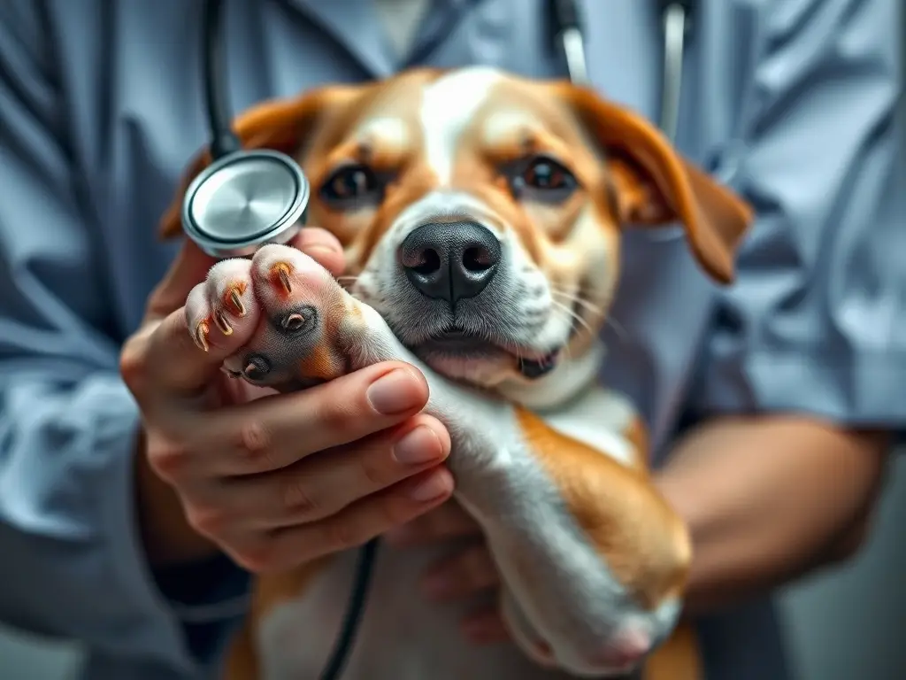 Fotografía realista de un veterinario acariciando el paw de un perro con un stethoscope