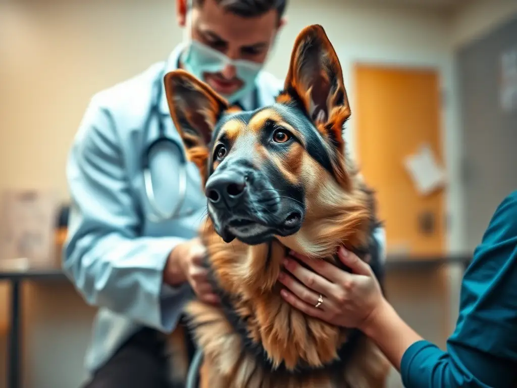 Fotografía realista y profesional de un veterinario examinando a un pastor alemán con una torcedura