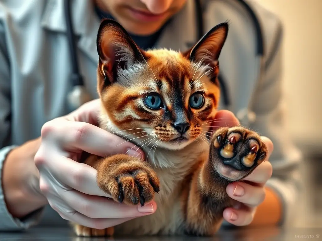 Ilustración realista y precisa del veterinario examinando las patas de un gato Balines
