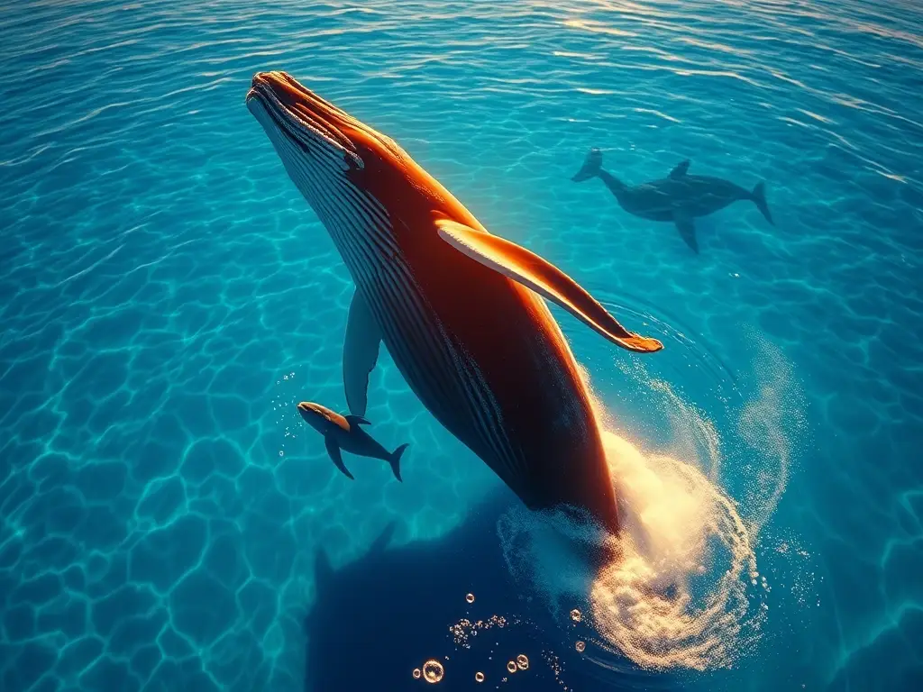 Ballena jorobada y cría saltan al amanecer