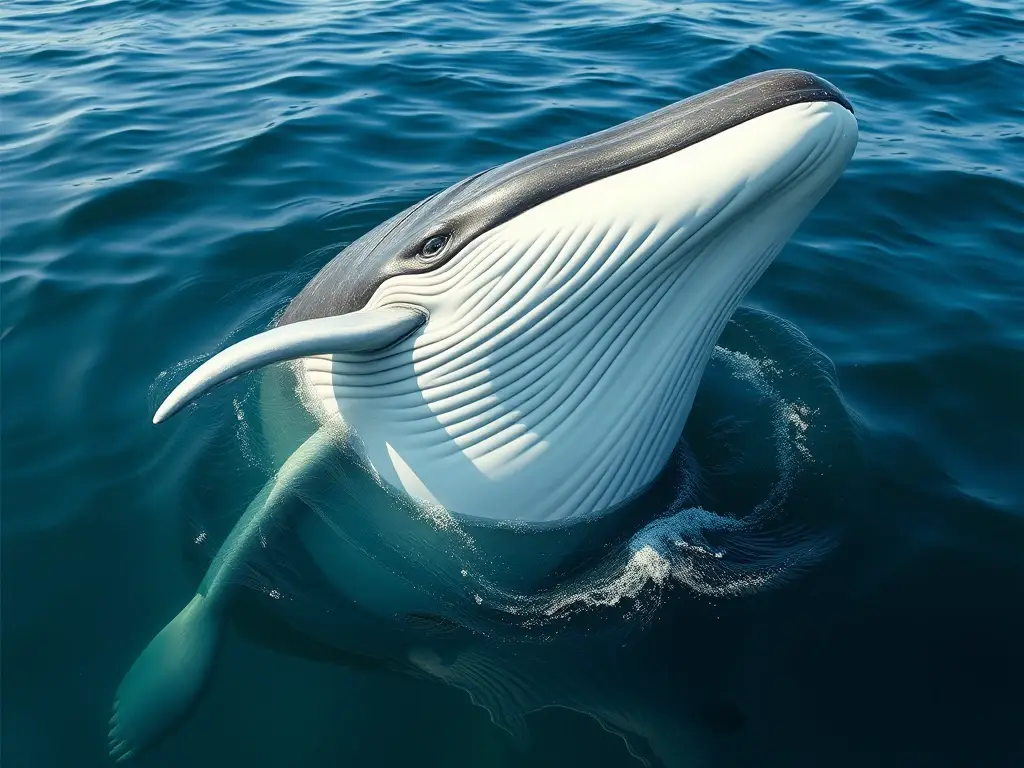 Fotorealista retrato de ballena, embarazada, en el mar azul