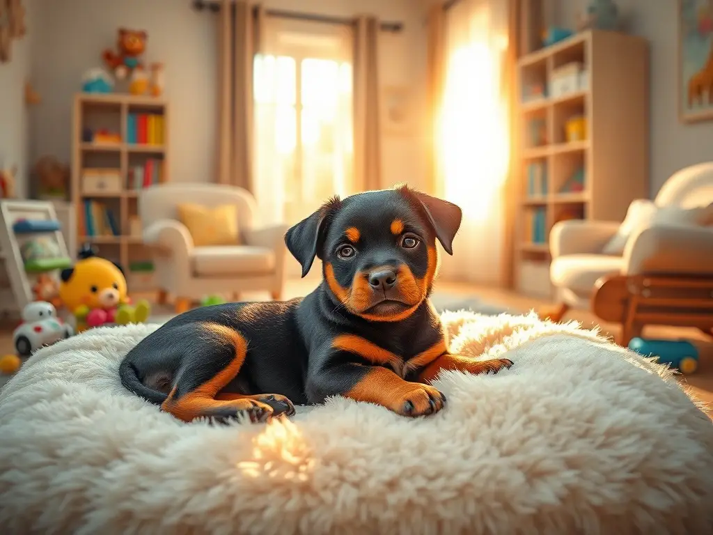 Es un retrato realista de un cachorro de Rottweiler en un cuna acogedora