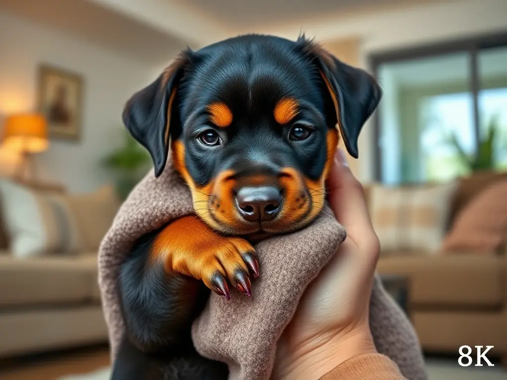 Foto realista de un cachorro de Rottweiler abrazando