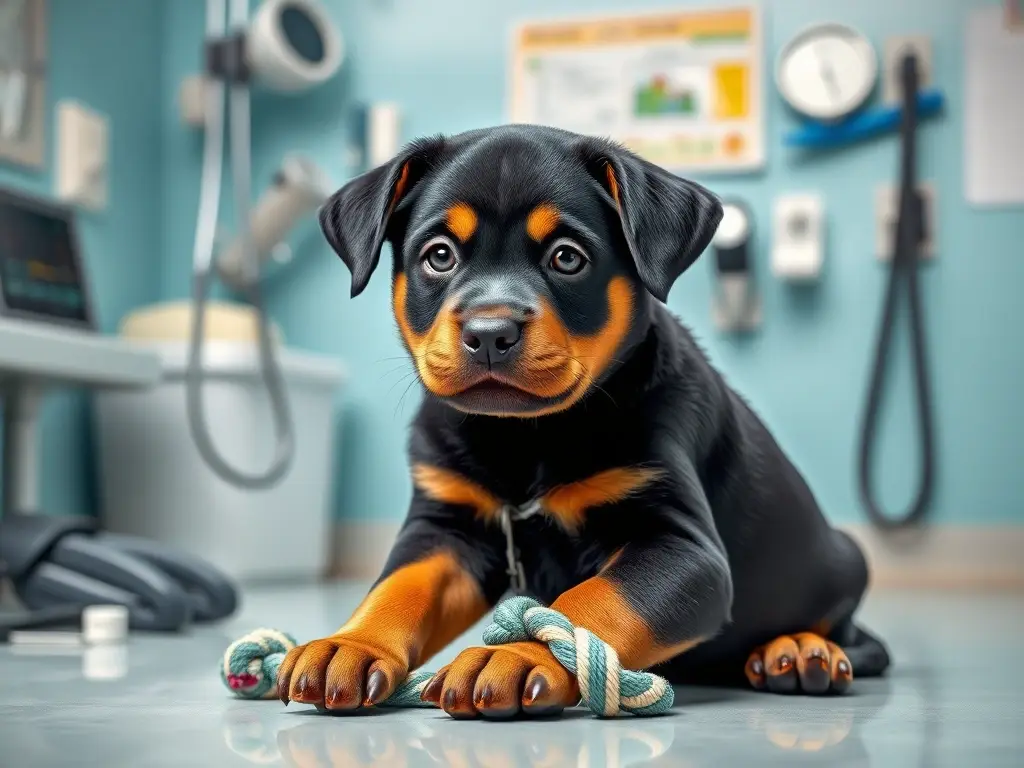 Foto realista de cachorro rottweiler relajado en habitación pediátrica