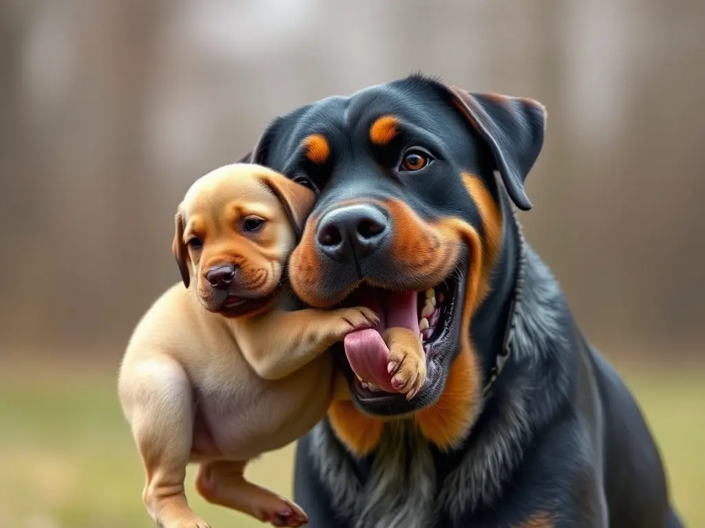 Fotorealistic image of Rottweiler carrying Labrador puppy