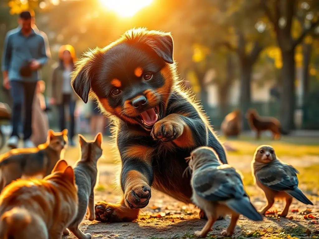 Un cachorro de Rottweiler juguetón con un niño en un parque vibrante